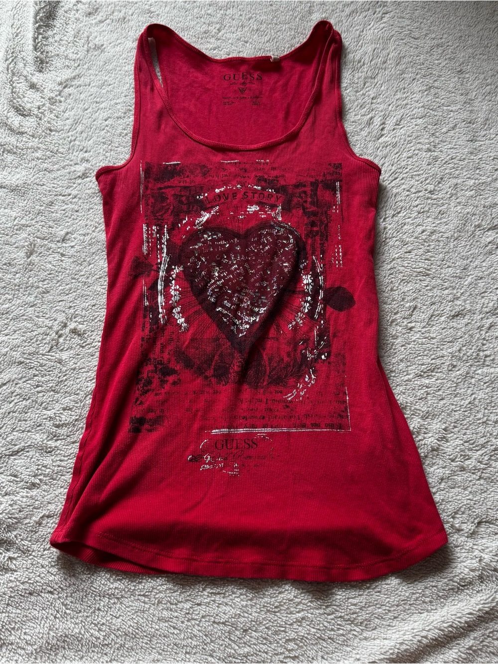 GUESS Red Sequin Textured Heart Tank Top
